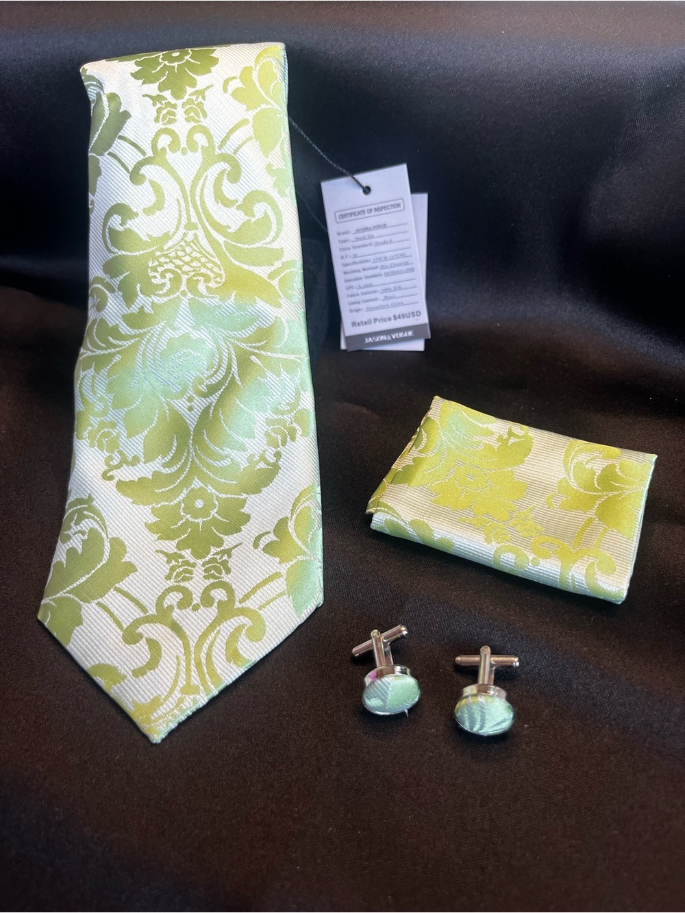 Men's Green Brocade Tie Set with Cufflinks and Pocket Square
